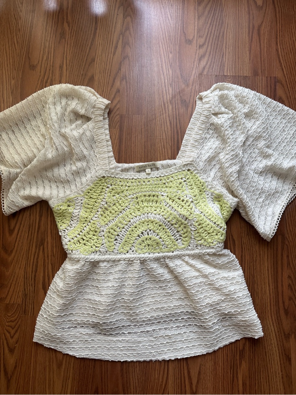 Anthropologie Sarah Hann Textured Crochet Puff Sleeve Top | Size Large
